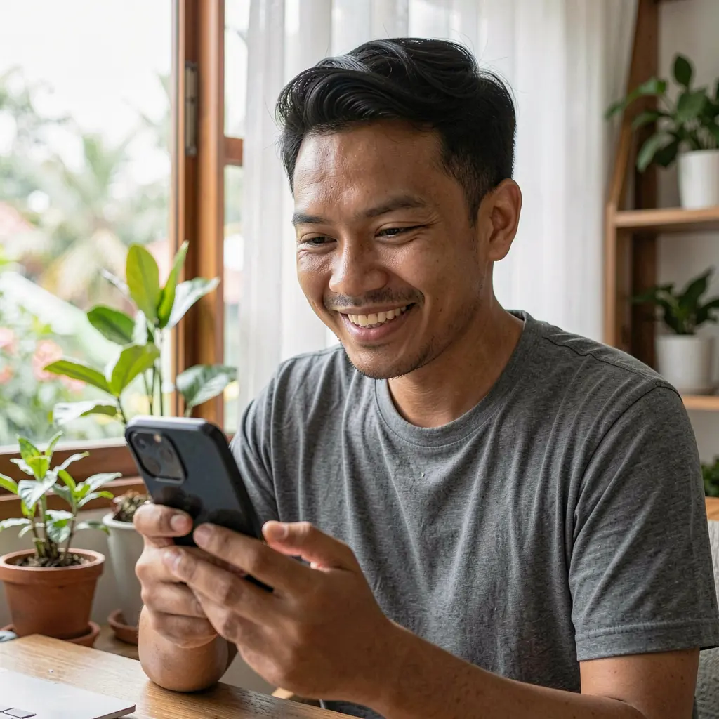 Indonesian man smiling while using the 88BOS casino app on his smartphone with soft natural light and a relaxed home environment