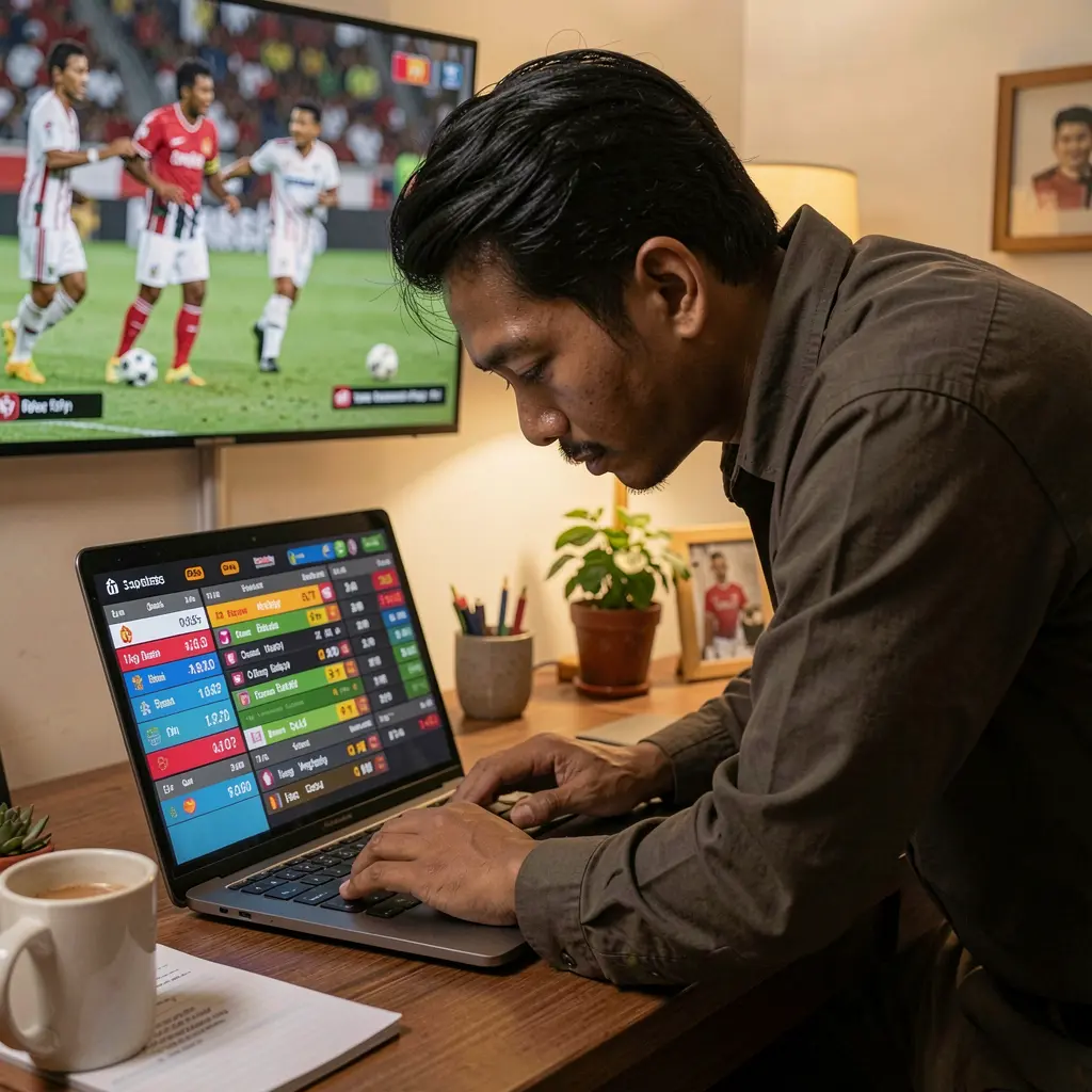 Focused Indonesian sports bettor analyzing live soccer odds on a laptop with the 88BOS betting platform interface in a modern indoor setting