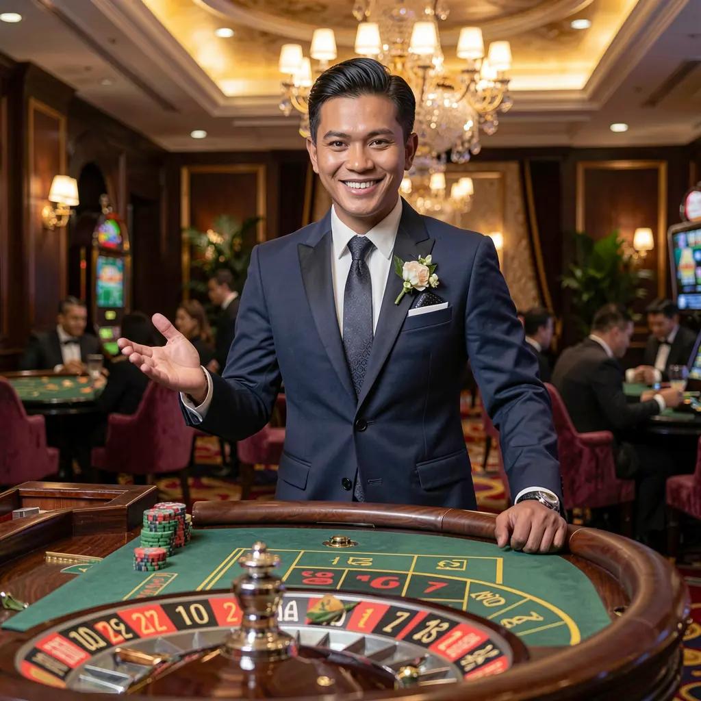 Professional live roulette dealer in a luxury casino environment inviting players to join premium live casino games at 88BOS in Indonesia