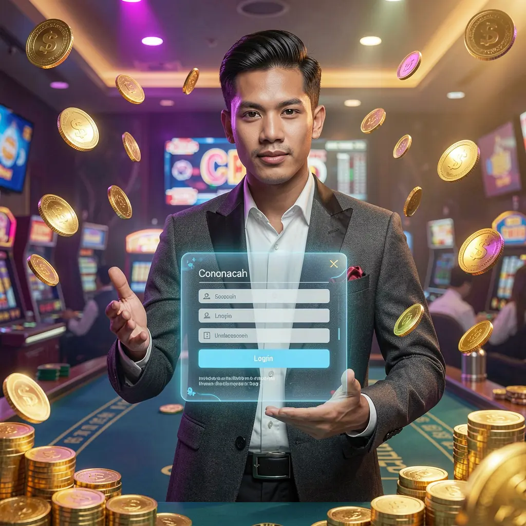 Professional Indonesian live dealer from 88BOS standing before a futuristic login hologram with casino lights and floating coins symbolizing secure access