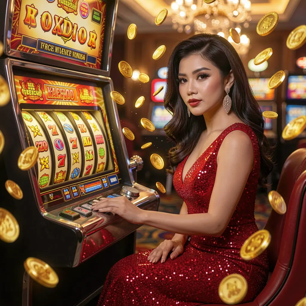 Glamorous woman in a red dress playing modern slot machines with bright reels and flying coins inside the immersive 88BOS casino experience for Indonesia